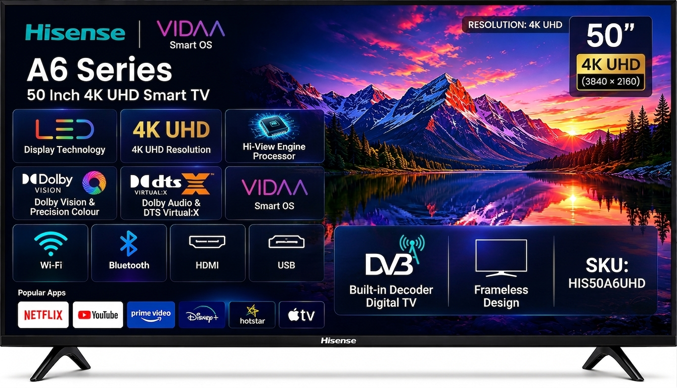 Gemini_Generated_Image_a37qu6a37qu6a37q Hisense 50-Inch Smart UHD 4K Frameless TV (A6 Series) - Image 1