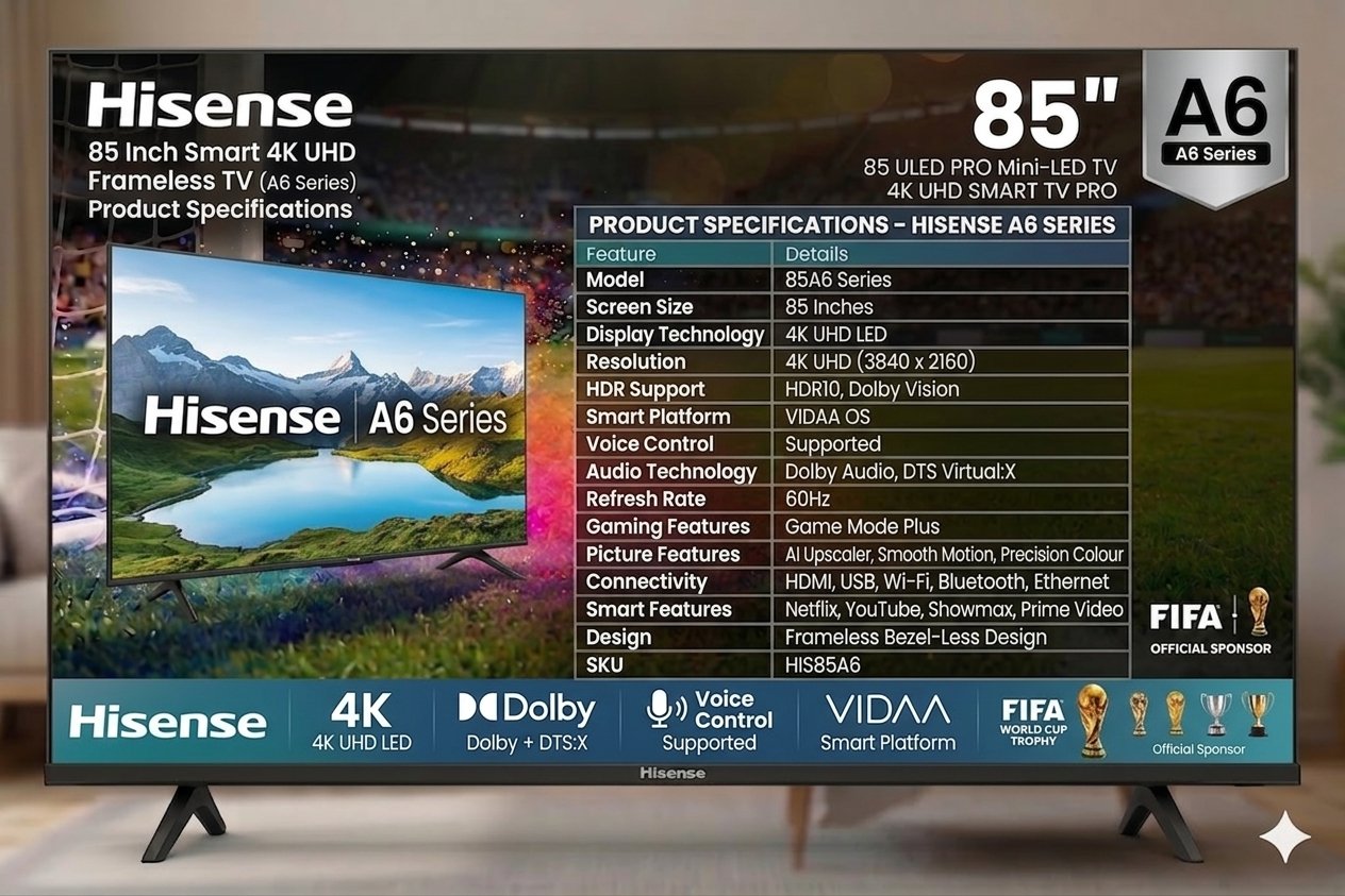 Gemini_Generated_Image_gj6nqmgj6nqmgj6n Hisense 85 Inch Smart 4K UHD Frameless TV (A6 Series) - Image 1