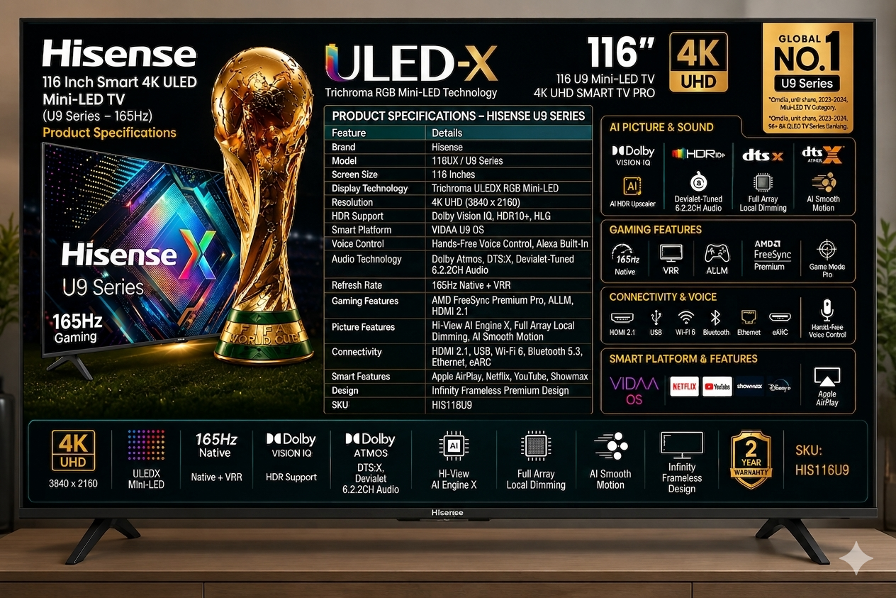 Gemini_Generated_Image_o3605so3605so360 Hisense 116 Inch Smart 4K ULED Mini-LED TV (U9 Series – 165Hz) - Image 1